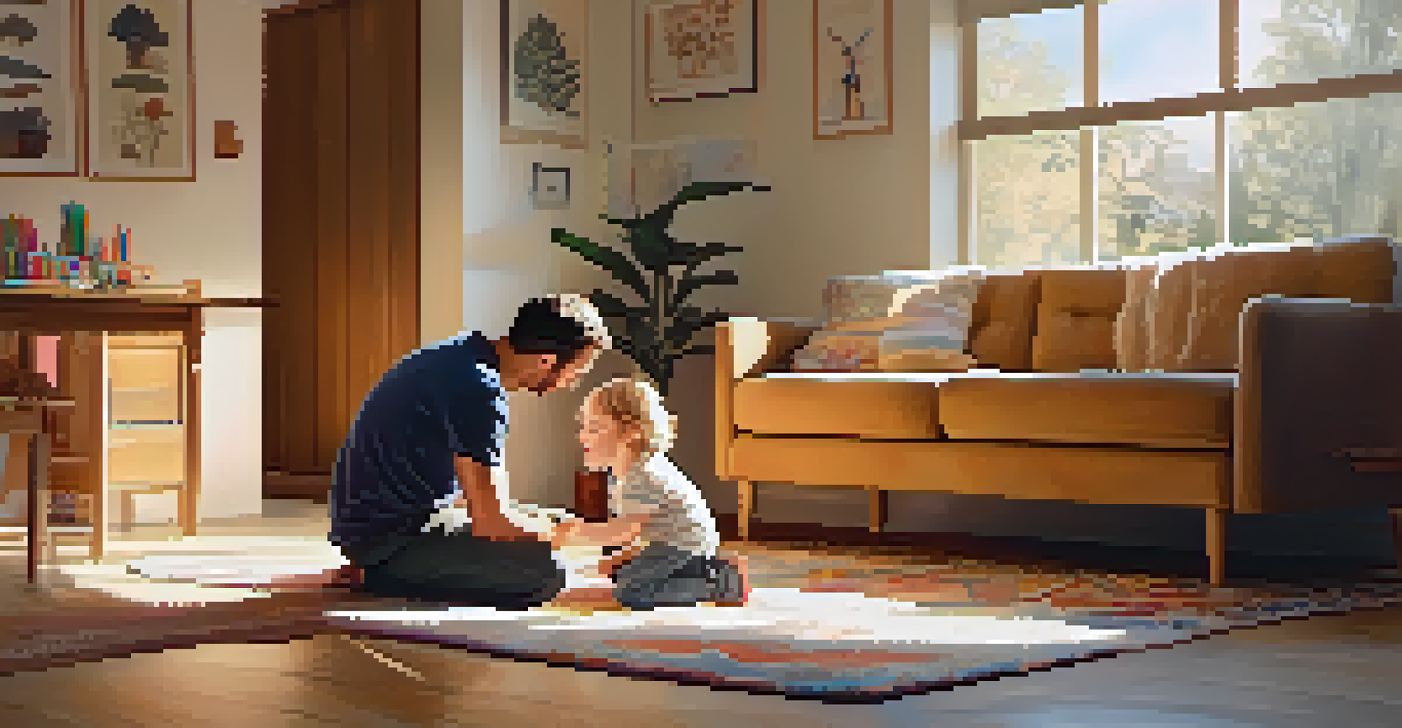 A father and child playing together in a cozy living room, filled with warm light and colorful toys.
