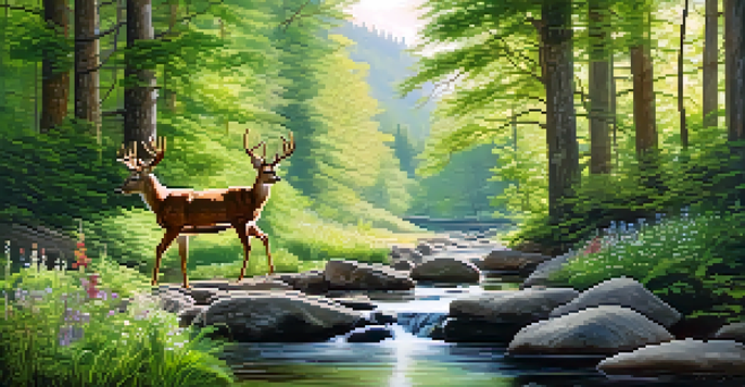 A peaceful forest with sunlight filtering through the trees, a stream flowing over stones, and a deer drinking water.
