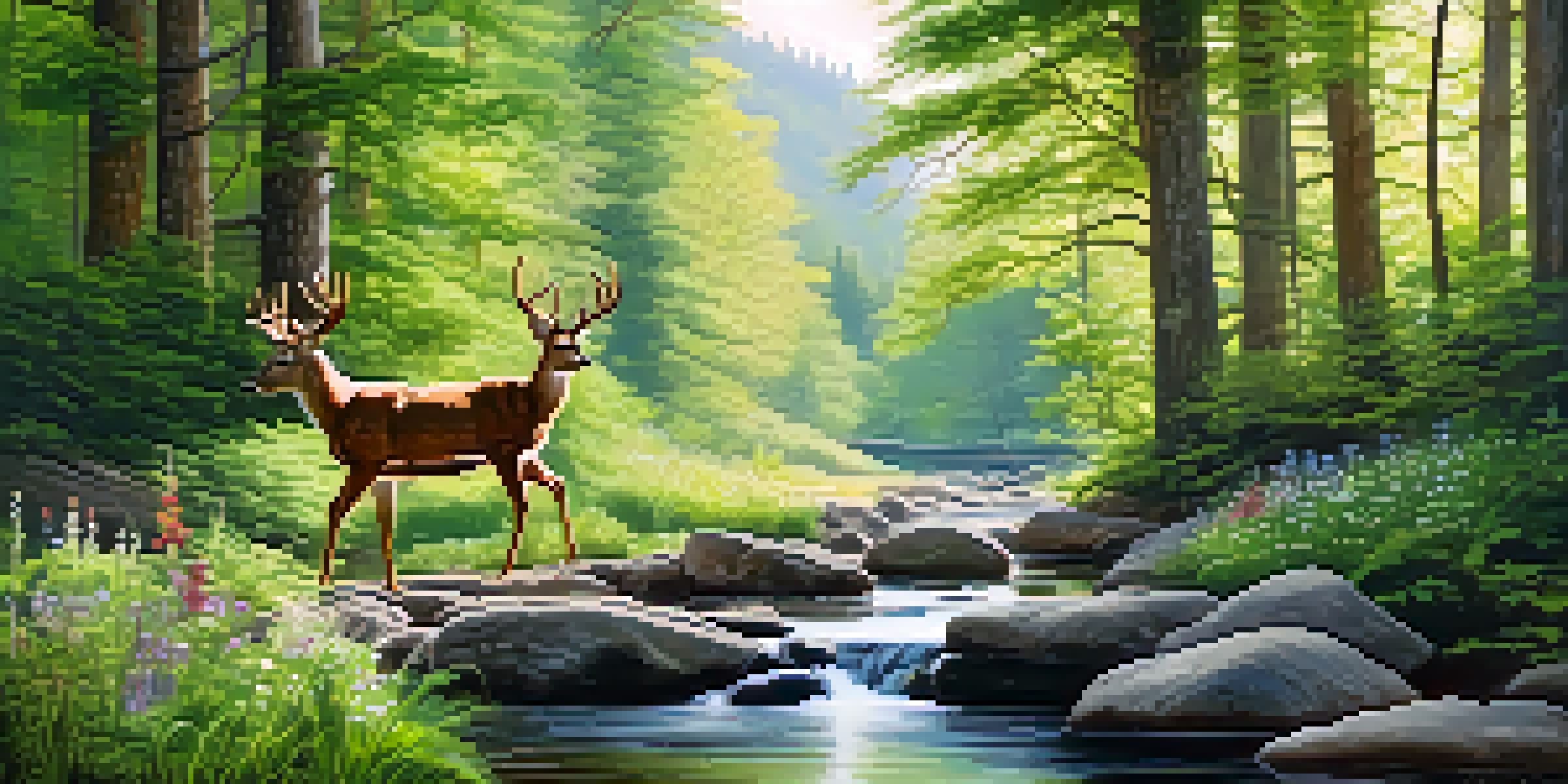 A peaceful forest with sunlight filtering through the trees, a stream flowing over stones, and a deer drinking water.