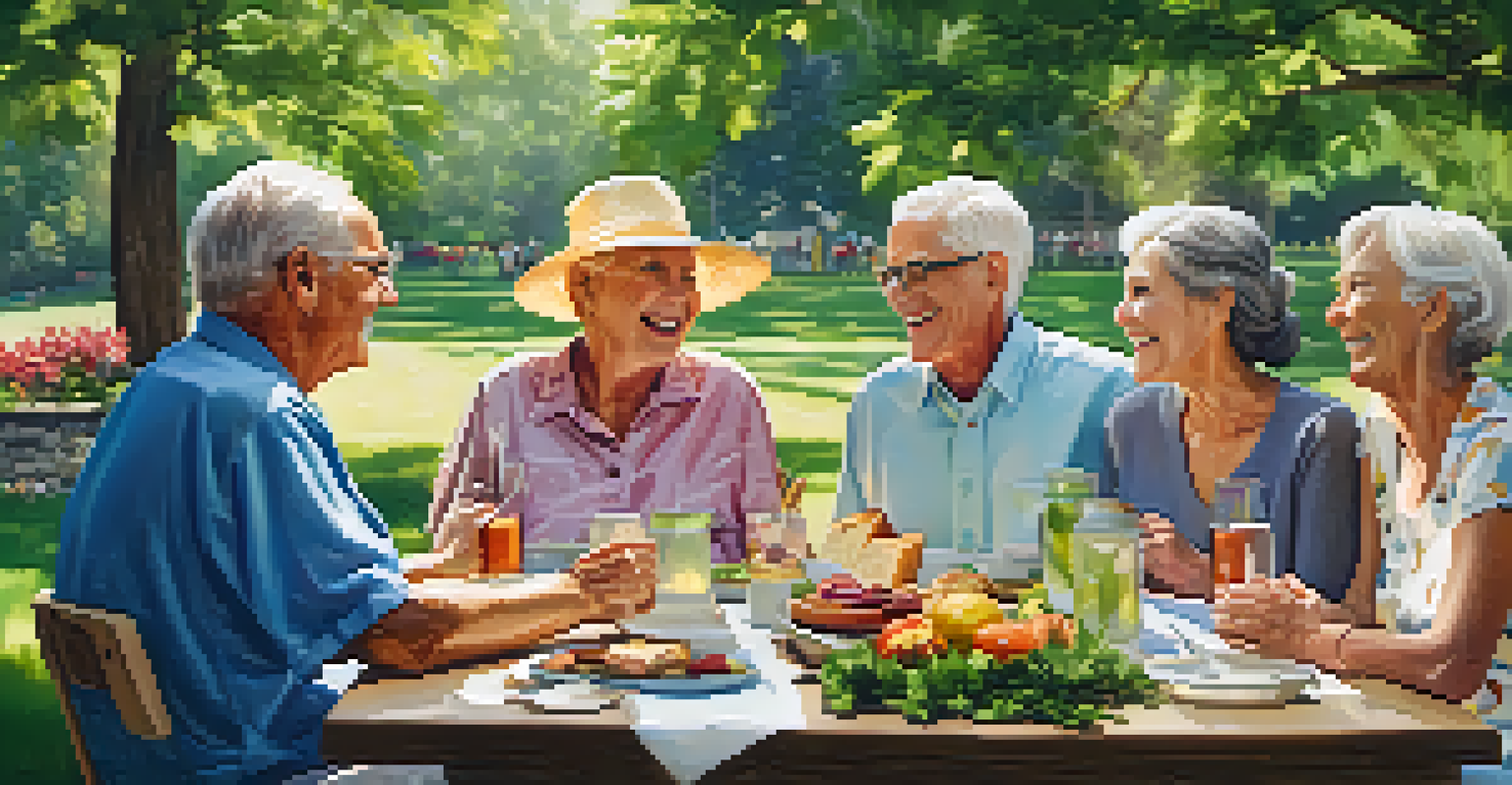 A group of older friends enjoying a picnic in a park, laughing together at a table filled with food.