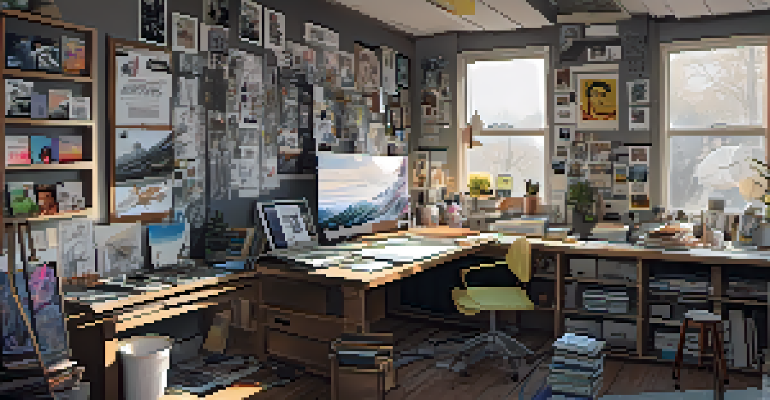 An artist's workspace filled with sketches and fan art related to a popular movie franchise, illuminated by natural light.