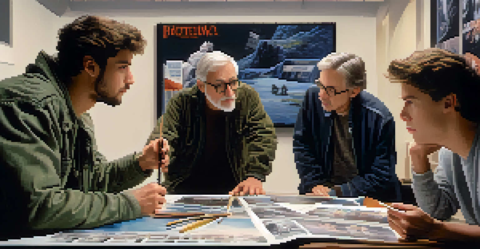 A director and an editor collaborating in a film studio, discussing a project with a screen displaying a film scene in the background.