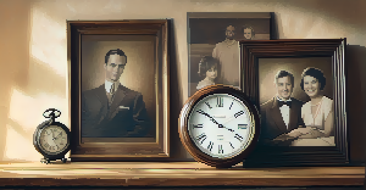 An old family photo on a rustic wooden table, illuminated by warm light, with a vintage clock in the background.