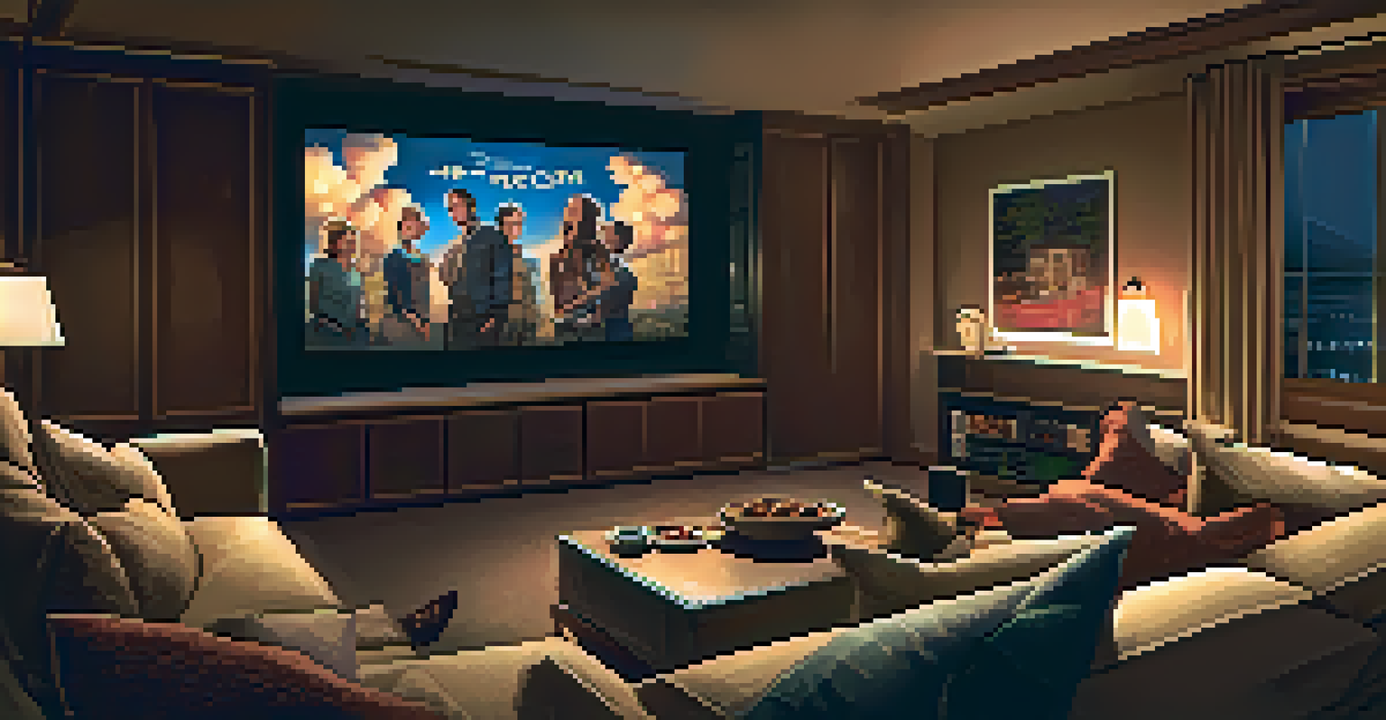 A cozy home theater with a family watching a movie, dimly lit with ambient lighting and popcorn bowls on comfortable couches.