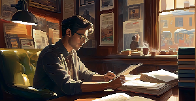 A film critic in a coffee shop, writing a review with books and notes around, a coffee cup on the table, and warm light illuminating the scene.