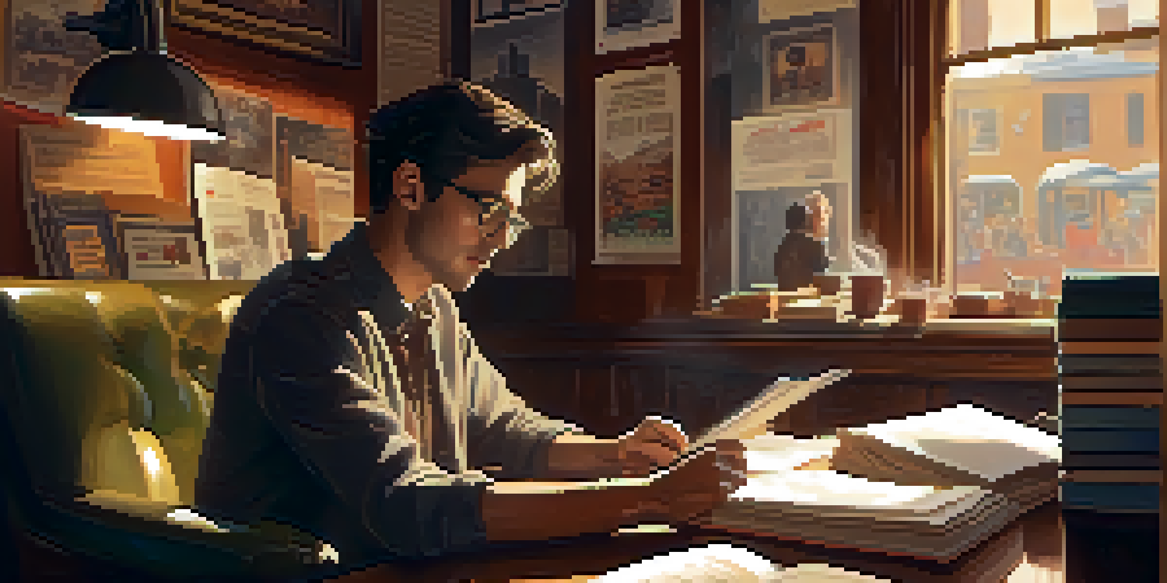 A film critic in a coffee shop, writing a review with books and notes around, a coffee cup on the table, and warm light illuminating the scene.