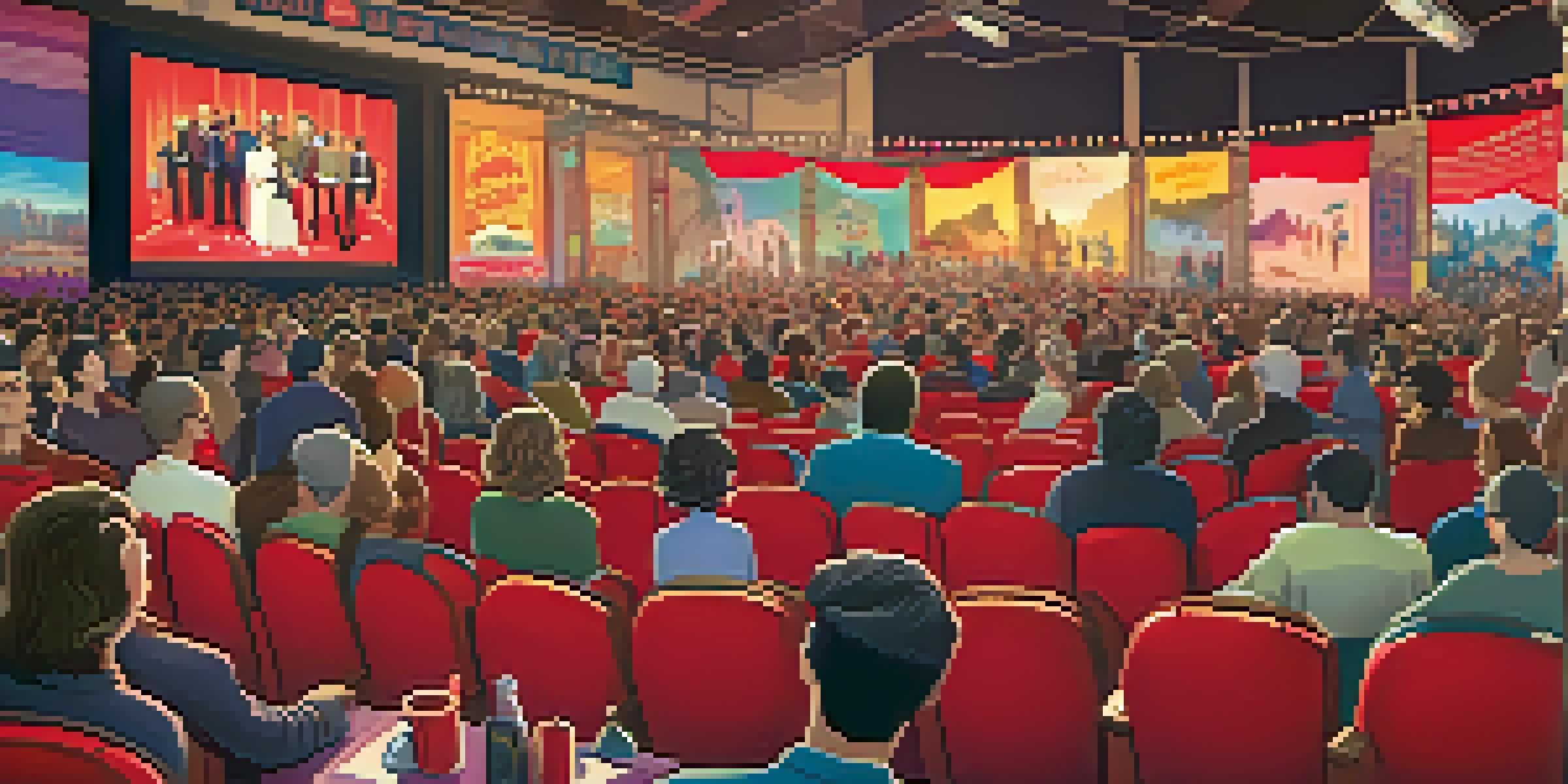 A lively film festival with diverse filmmakers and audiences discussing films, colorful banners, and a projector displaying a movie.