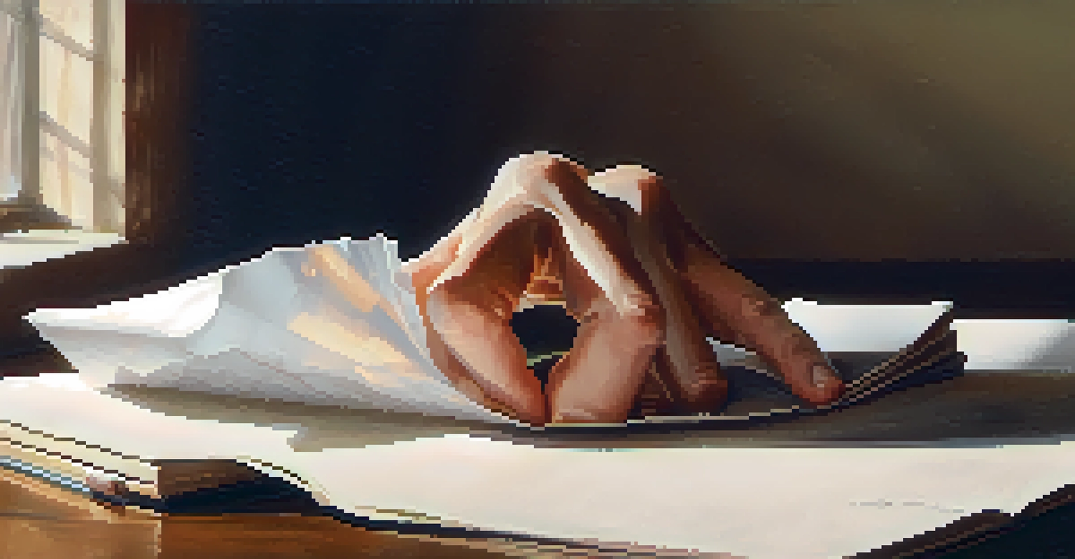 A close-up of an actor's hand holding a crumpled paper, with a warm, softly-lit room in the background.