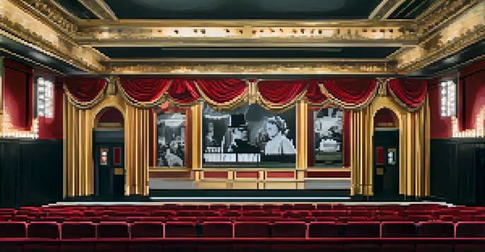 An elegant vintage movie theater with red velvet seats, golden lighting, and classic film posters, featuring a screen showing a black and white silent film.