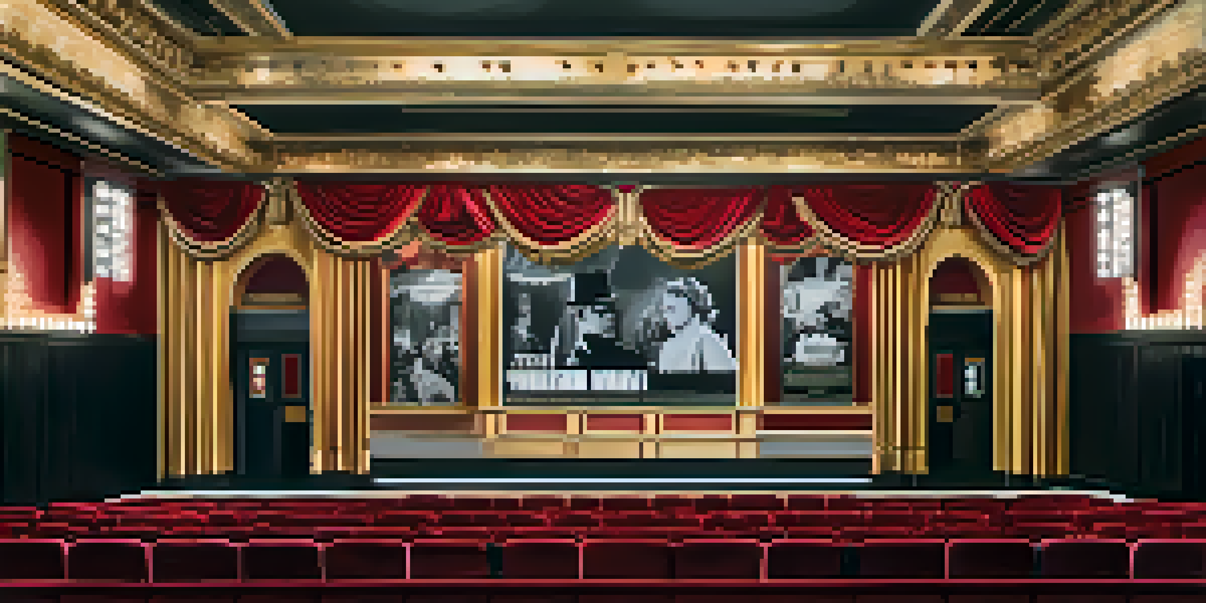 An elegant vintage movie theater with red velvet seats, golden lighting, and classic film posters, featuring a screen showing a black and white silent film.