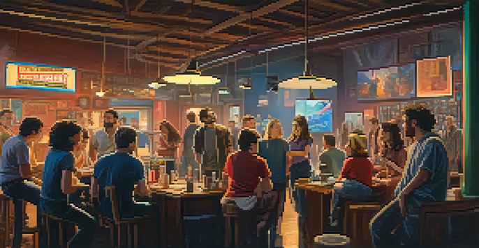 A diverse group of filmmakers engaged in discussion on a film set, surrounded by equipment and storyboards, with warm lighting creating a creative atmosphere.