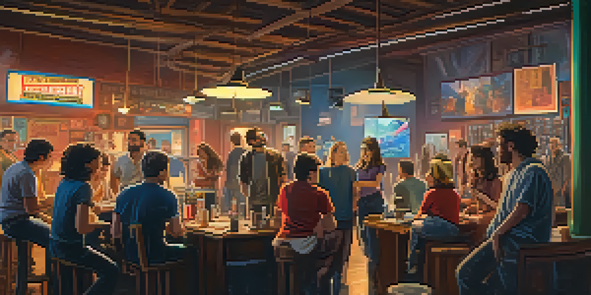 A diverse group of filmmakers engaged in discussion on a film set, surrounded by equipment and storyboards, with warm lighting creating a creative atmosphere.