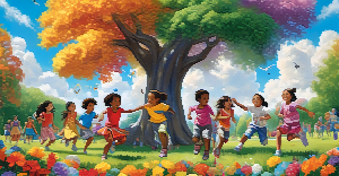 A colorful park scene with diverse animated children playing together, surrounded by flowers and trees under a blue sky.