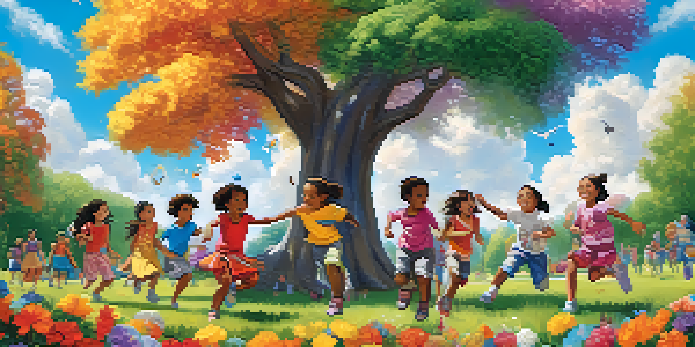 A colorful park scene with diverse animated children playing together, surrounded by flowers and trees under a blue sky.