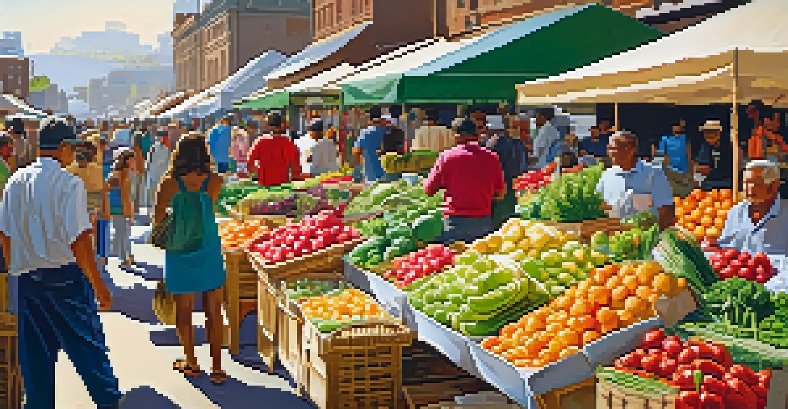 A bustling market filled with colorful fruits and vegetables, with people interacting in a bright environment.