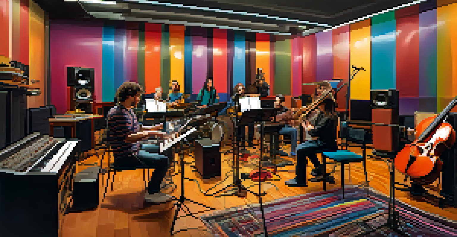A diverse group of musicians recording a film soundtrack in a colorful studio filled with sound waves.