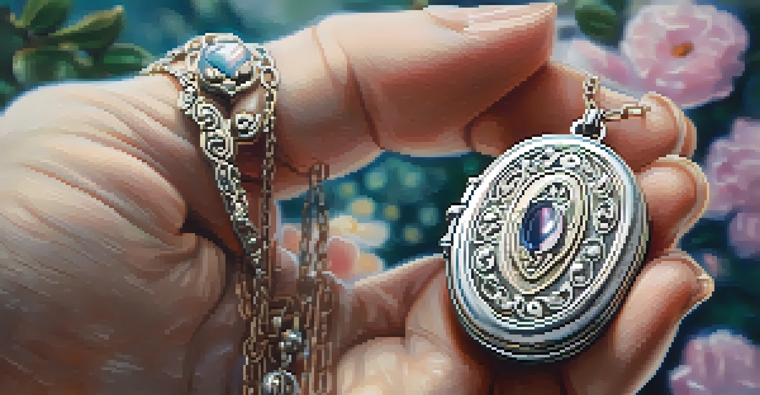 A close-up of a hand holding an ornate locket, symbolizing lost love, with soft blurred flowers in the background.