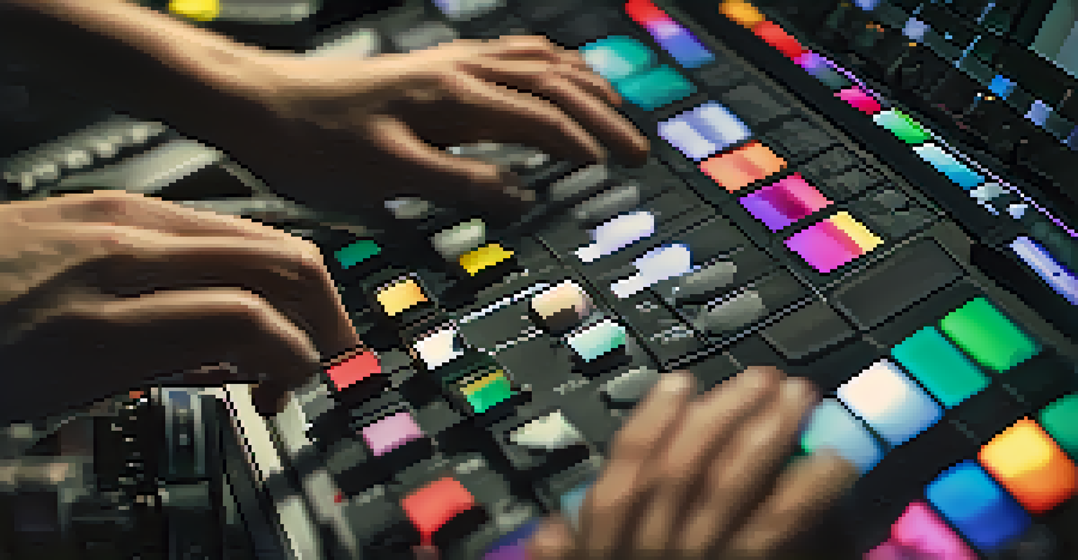A close-up view of a film editor's hands on a digital editing console, with a colorful montage of film clips in the background.