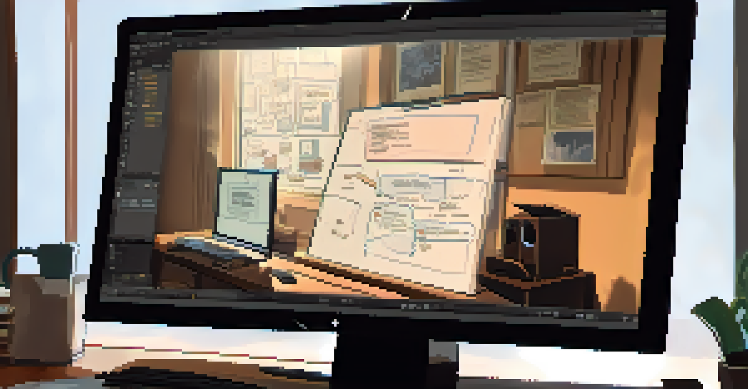 A computer screen displaying a detailed digital storyboard in a dimly lit workspace.