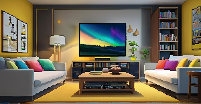 A warm living room with a modern TV showing a streaming interface, a comfortable sofa, and a bowl of popcorn on a coffee table.