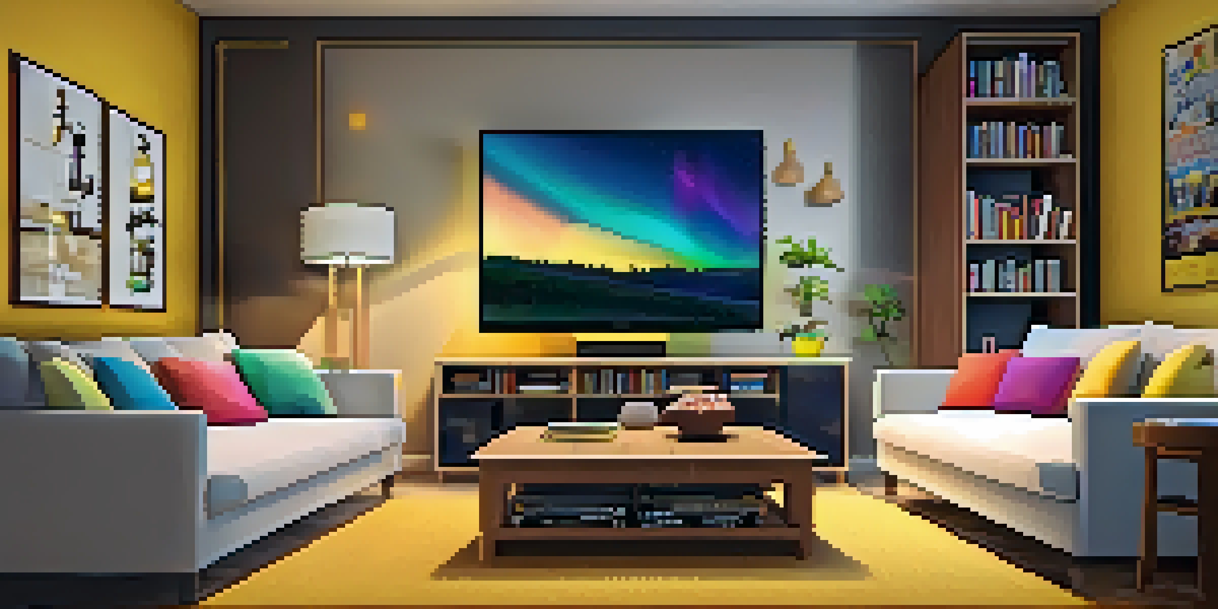 A warm living room with a modern TV showing a streaming interface, a comfortable sofa, and a bowl of popcorn on a coffee table.