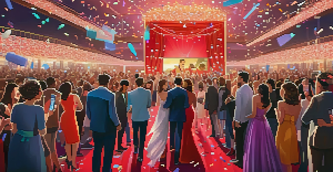 A lively film premiere event with a red carpet, fans, and photographers, celebrating diversity and excitement.