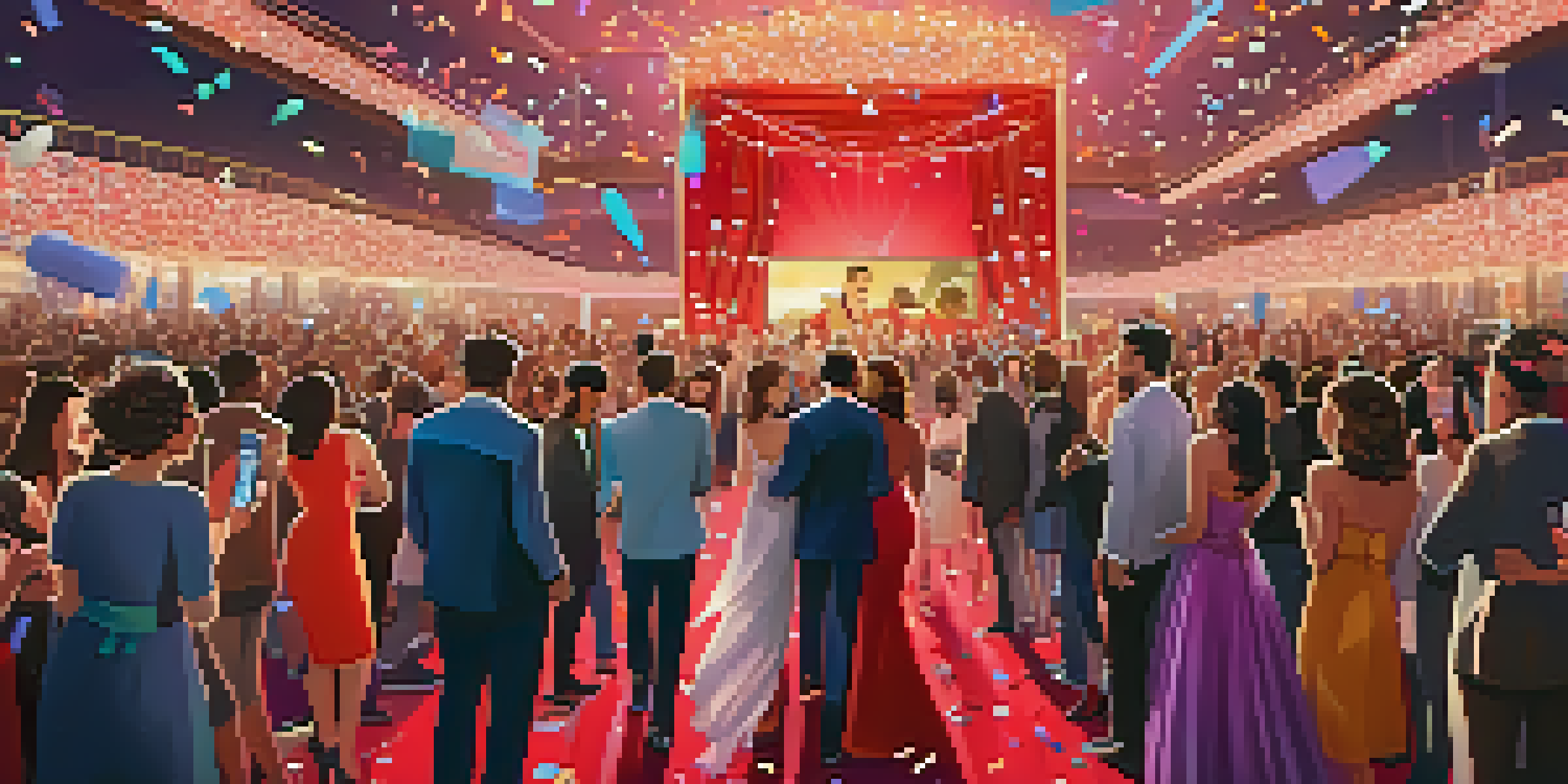 A lively film premiere event with a red carpet, fans, and photographers, celebrating diversity and excitement.