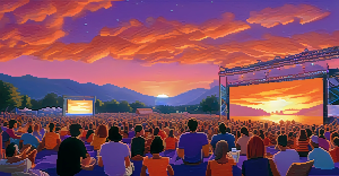 A lively outdoor film festival at sunset, with a diverse crowd enjoying movie screenings and colorful banners.