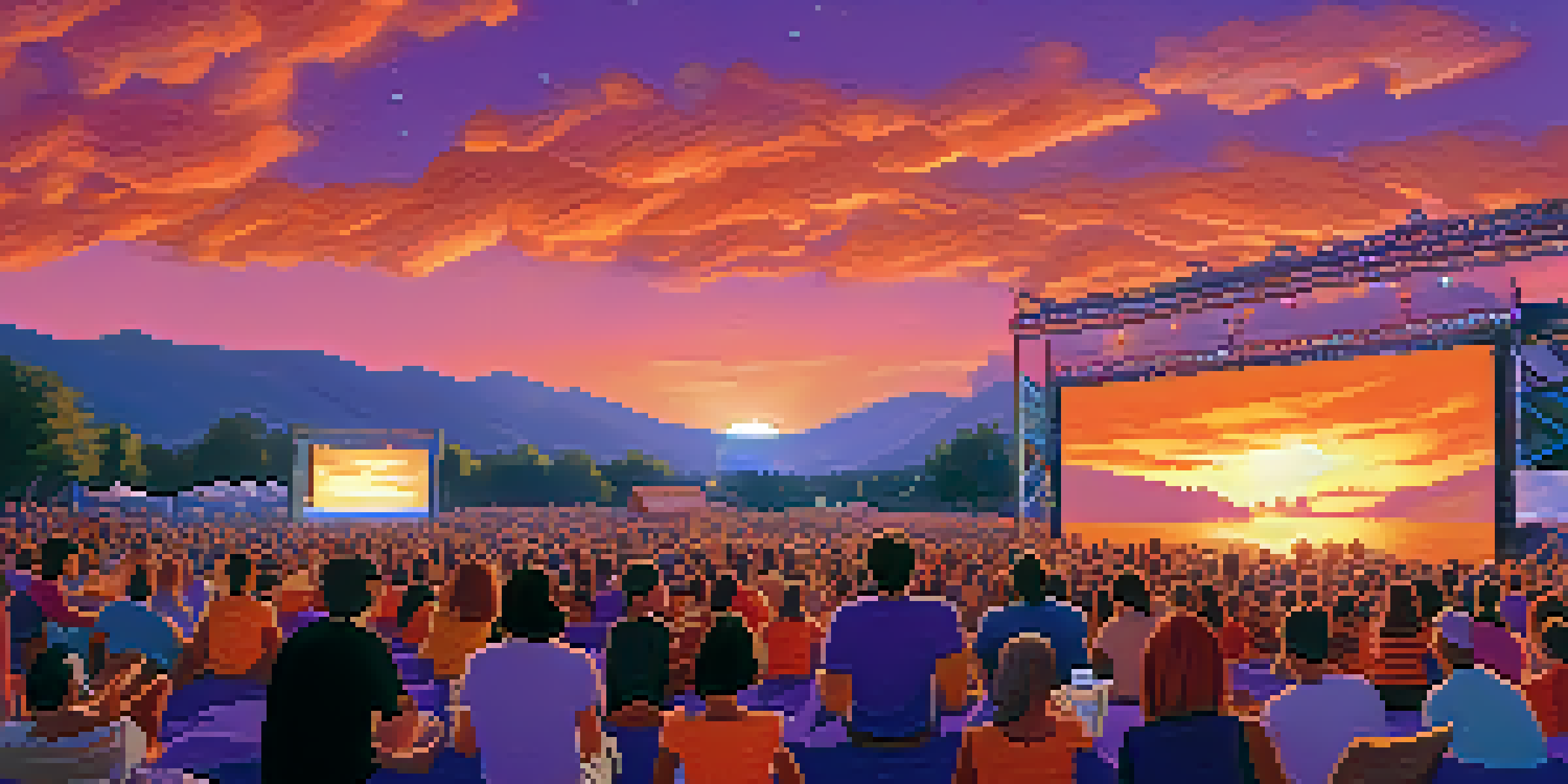 A lively outdoor film festival at sunset, with a diverse crowd enjoying movie screenings and colorful banners.