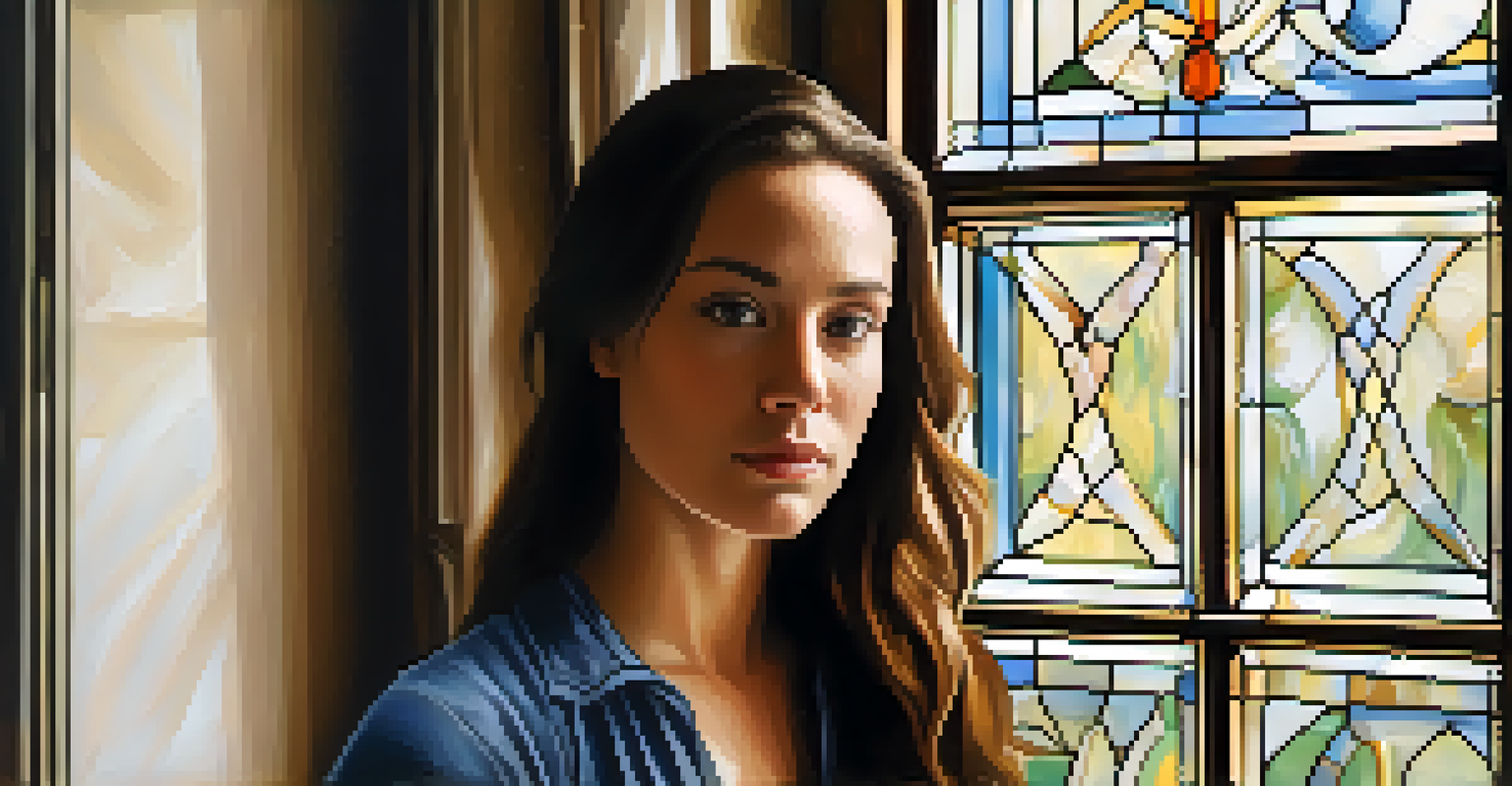 A young woman gazes thoughtfully through an ornate window, with soft light highlighting her features.