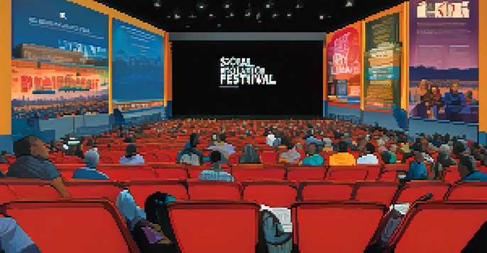 A lively scene inside a theater during a documentary film festival, with a diverse audience watching a film on screen, surrounded by movie posters and banners.