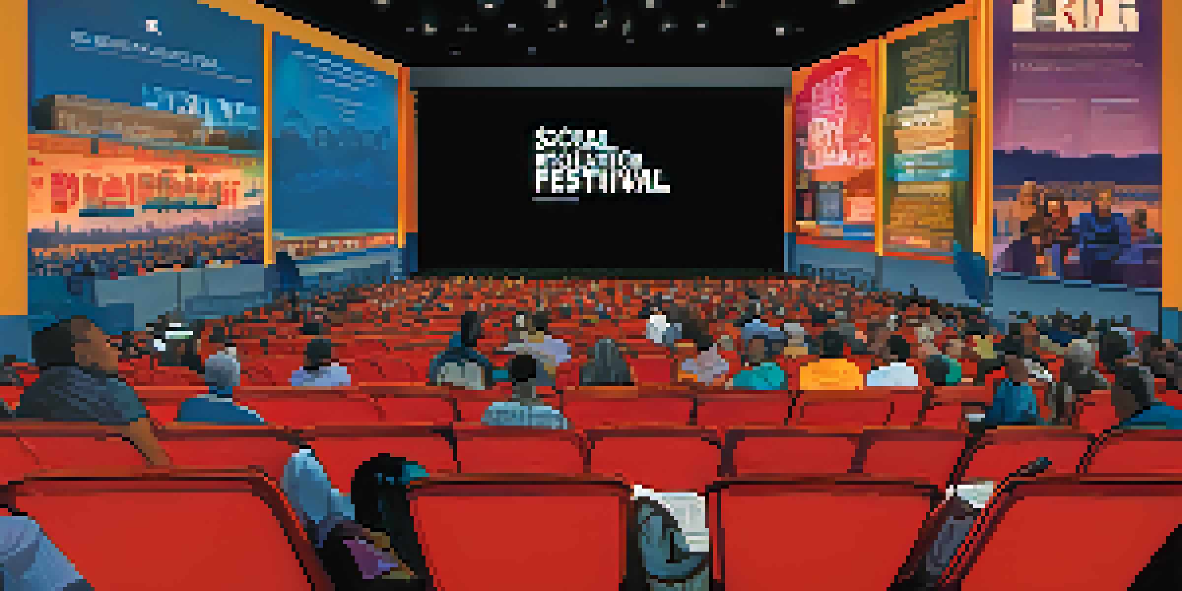 A lively scene inside a theater during a documentary film festival, with a diverse audience watching a film on screen, surrounded by movie posters and banners.