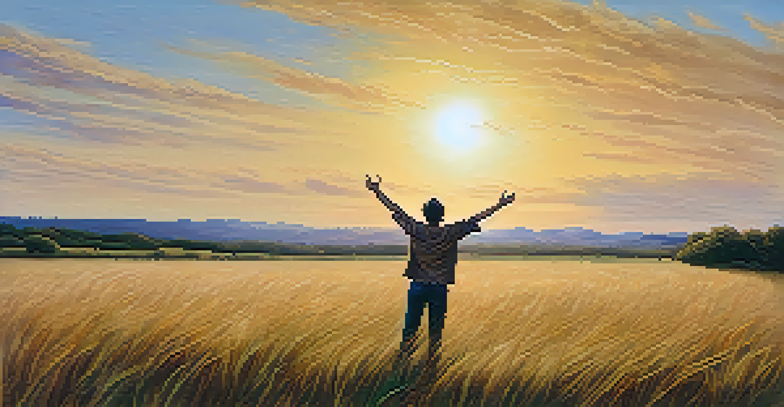 An actor in an open landscape, arms outstretched, symbolizing freedom and joy against a sunset backdrop.