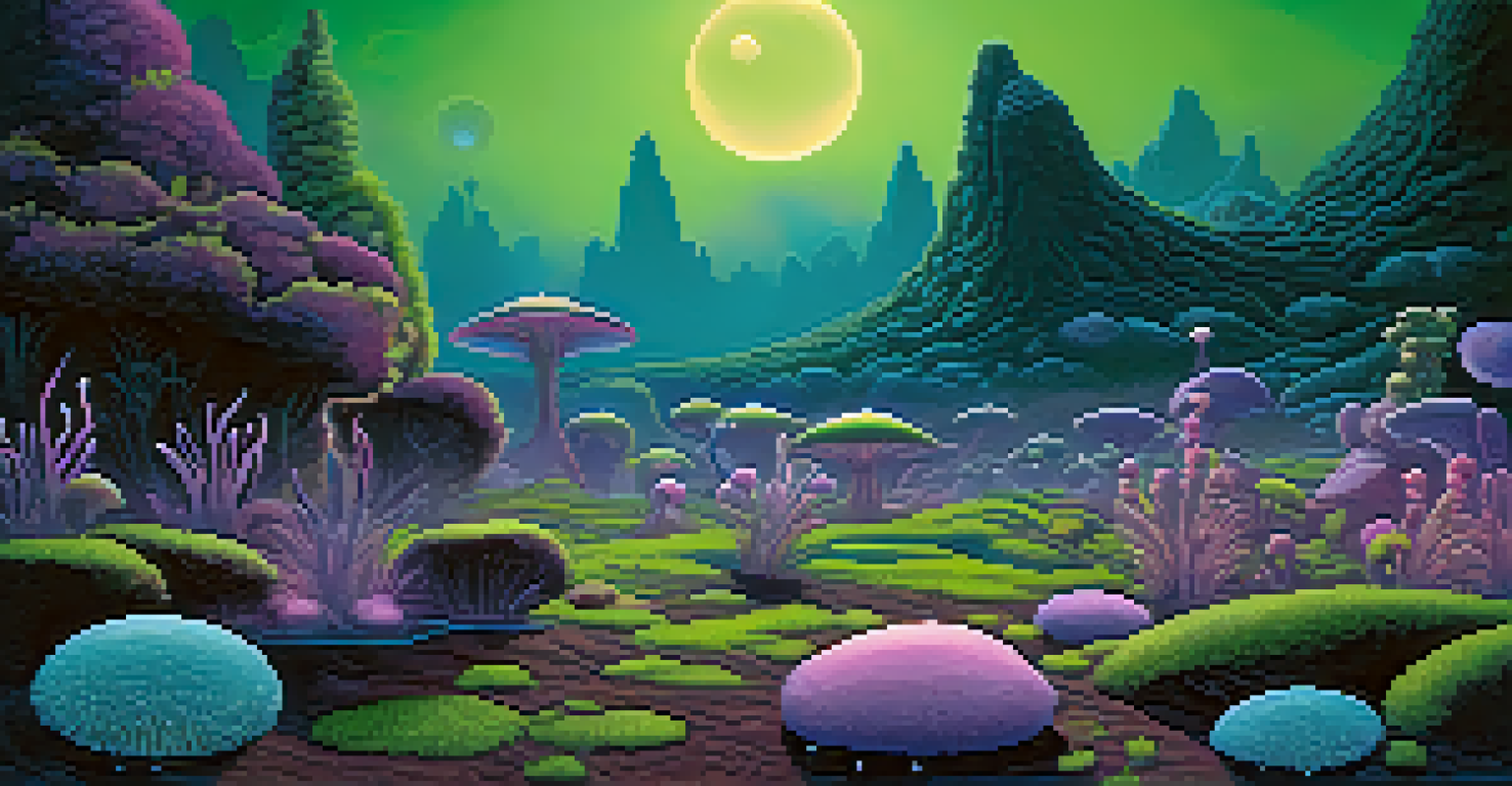 An alien landscape with glowing plants, multiple moons, and unique creatures in a tranquil setting.