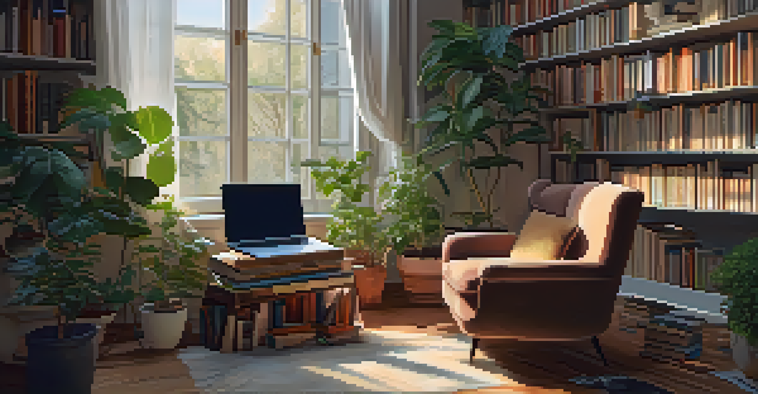 A person sitting in an armchair with a laptop on a streaming platform, surrounded by books and plants. Natural light coming from a window.