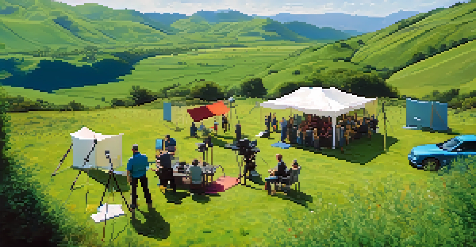 An aerial view of a film crew working outdoors, with a producer and director discussing a script against a scenic backdrop.