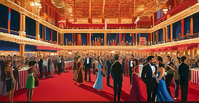 A lively international film festival with a red carpet, diverse filmmakers and actors, and photographers capturing the event.