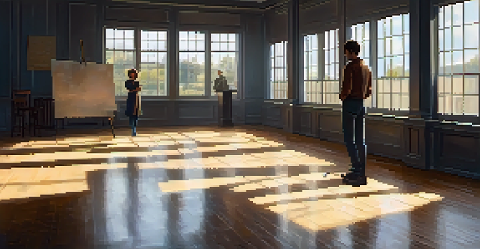 A bright acting studio where two actors practice a repetition exercise, highlighting their emotional connection and focus.