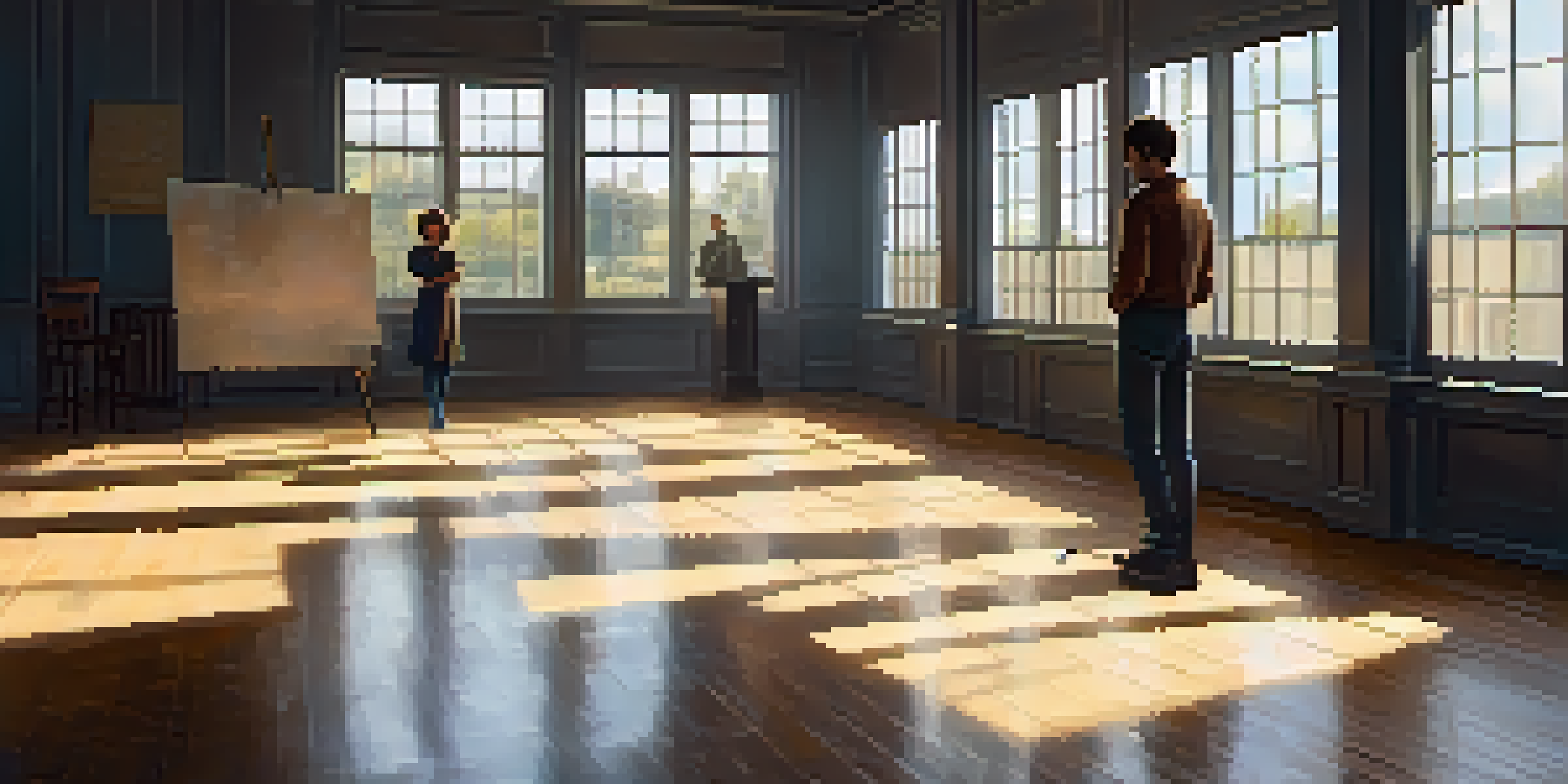 A bright acting studio where two actors practice a repetition exercise, highlighting their emotional connection and focus.