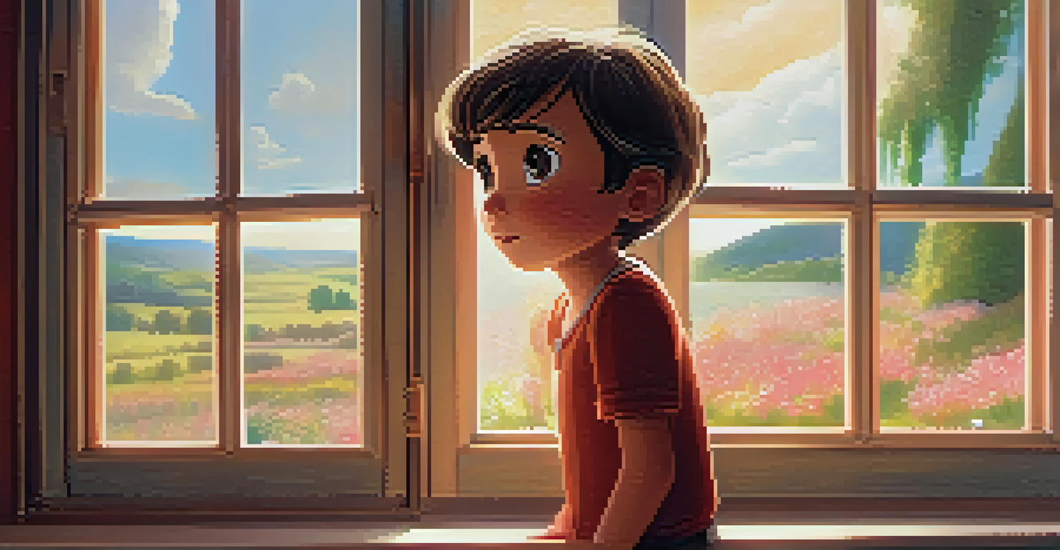 A young animated character gazing out of a window with a nostalgic expression, illuminated by soft sunlight.