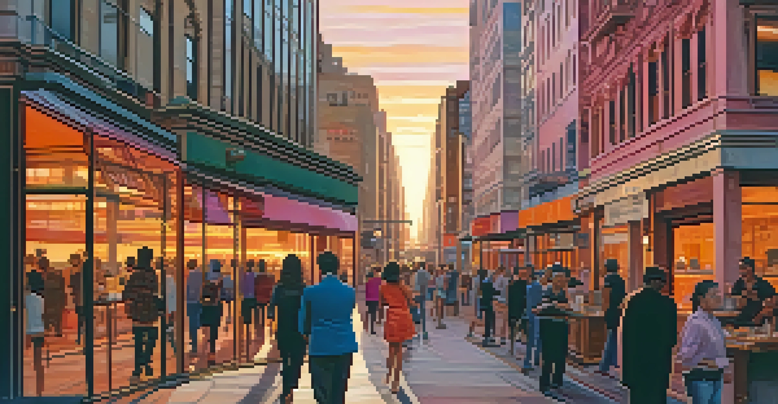A busy city street at sunset with people, colorful storefronts, and a street musician playing music.