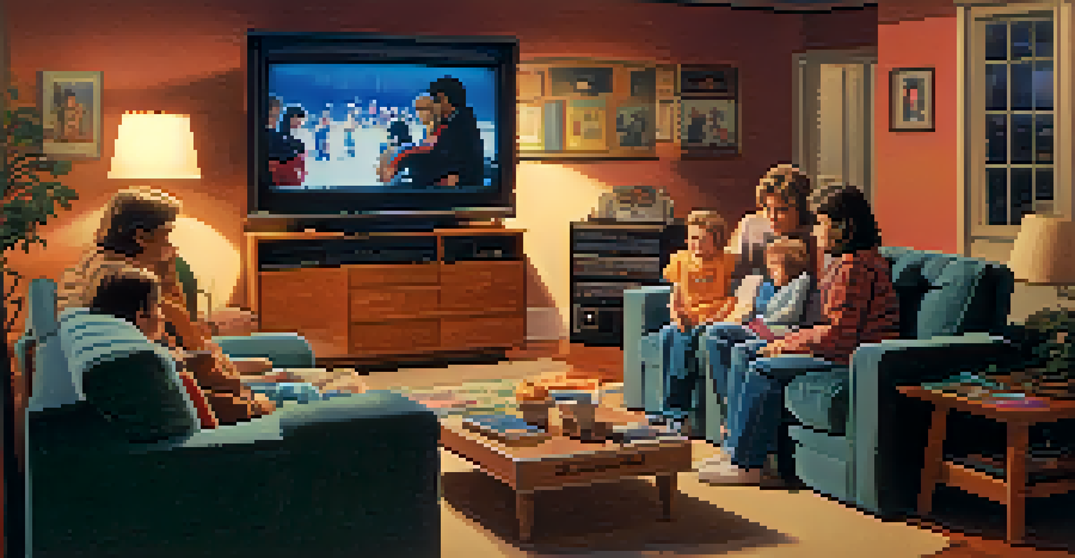 A cozy 1980s living room with a VCR, large TV, and family watching a movie with popcorn.