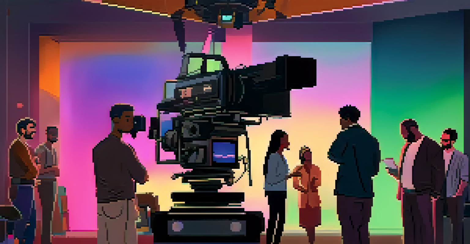 A diverse film crew on set, with a producer discussing plans with the director and cinematographer among cameras and lights.