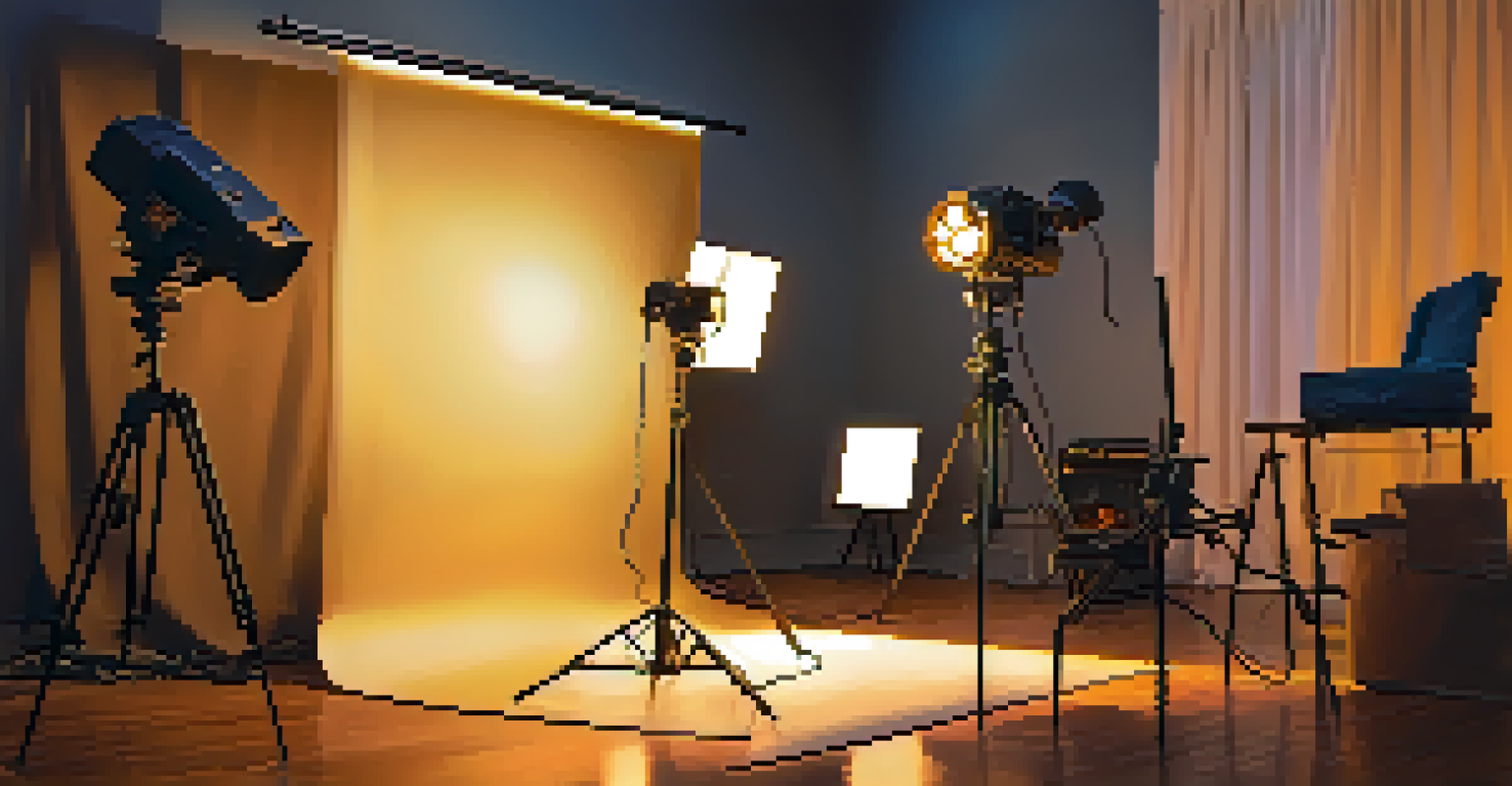 An artistic depiction of a filmmaker's lighting setup with warm and cool lights showcasing contrasting emotional atmospheres.