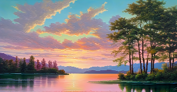 A beautiful sunset over a calm lake, with vibrant colors reflecting on the water and trees framing the scene.