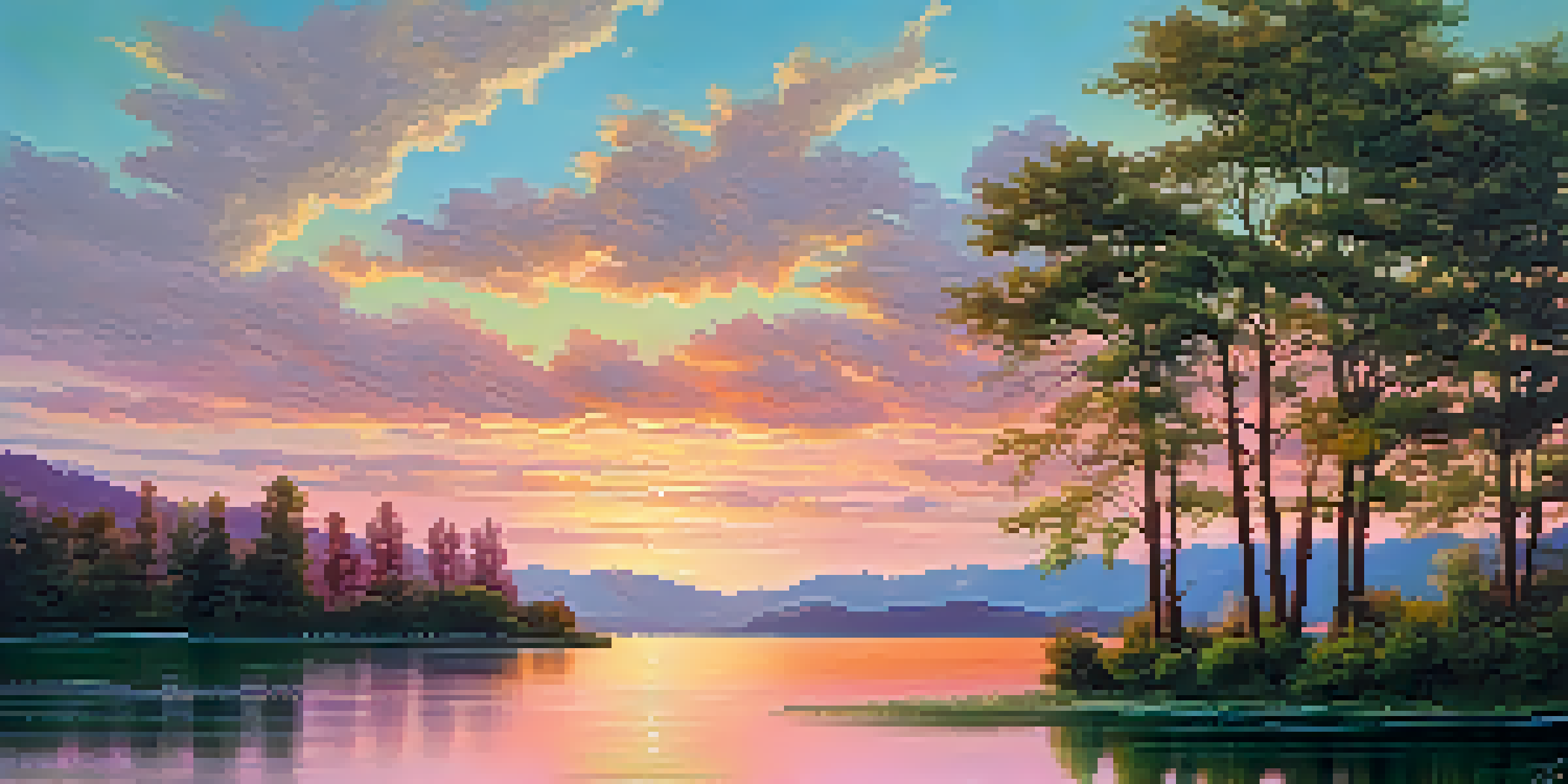 A beautiful sunset over a calm lake, with vibrant colors reflecting on the water and trees framing the scene.