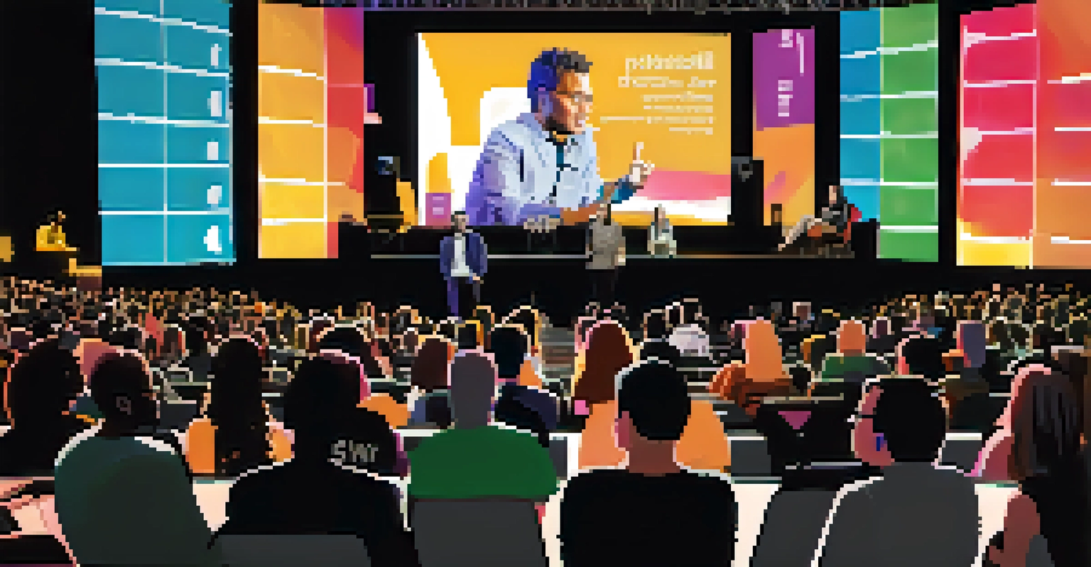 A panel discussion at SXSW with diverse speakers discussing interactive media, surrounded by engaged audience members.