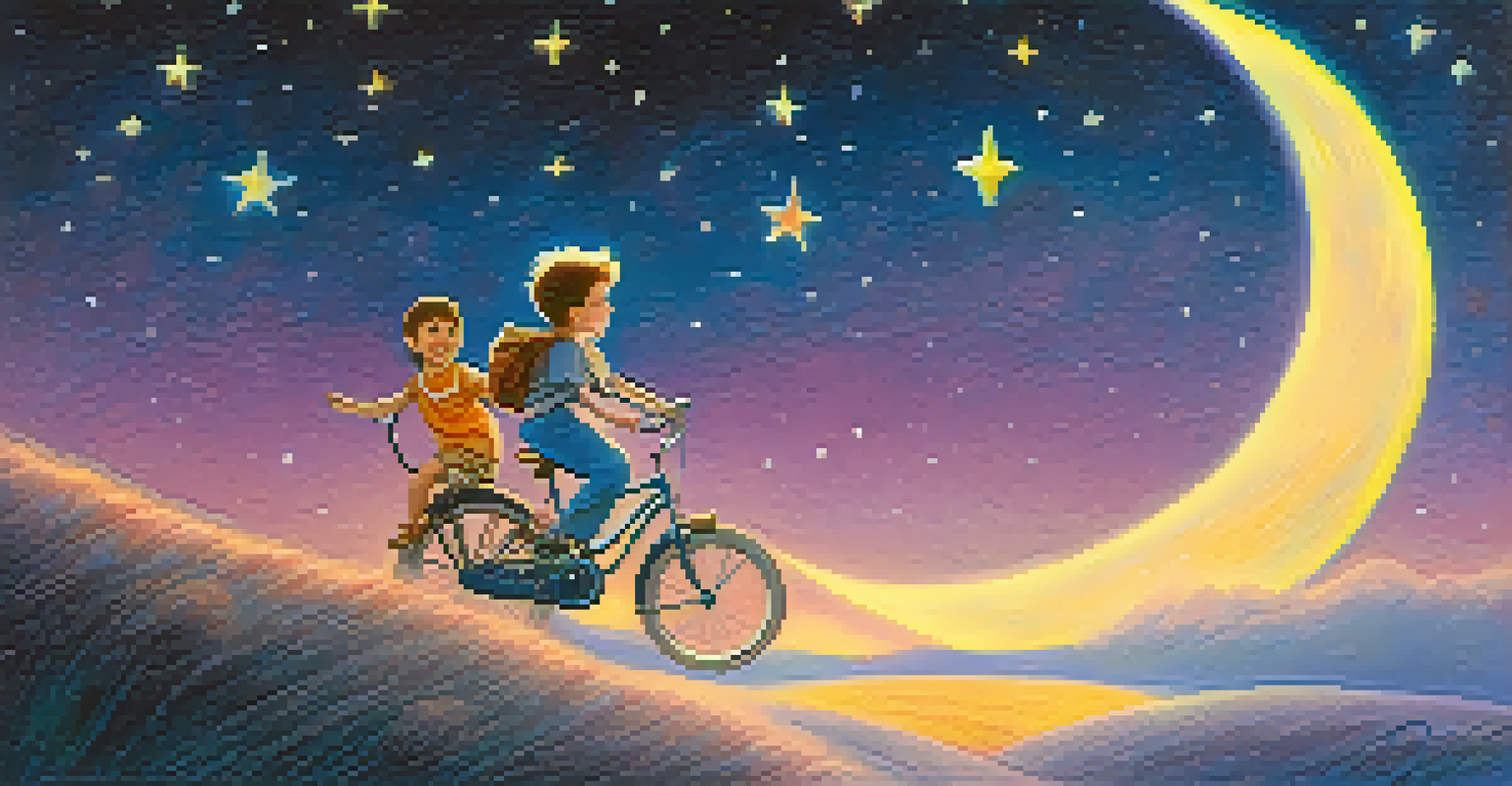 A child flying on a bicycle with a friendly alien over a full moon, set in a dreamy night sky with twinkling stars.