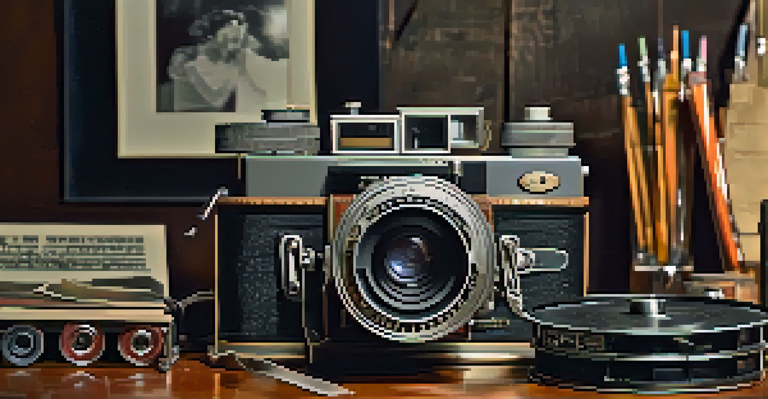 A vintage film camera on a wooden table with film reels and a clapperboard, evoking nostalgia.