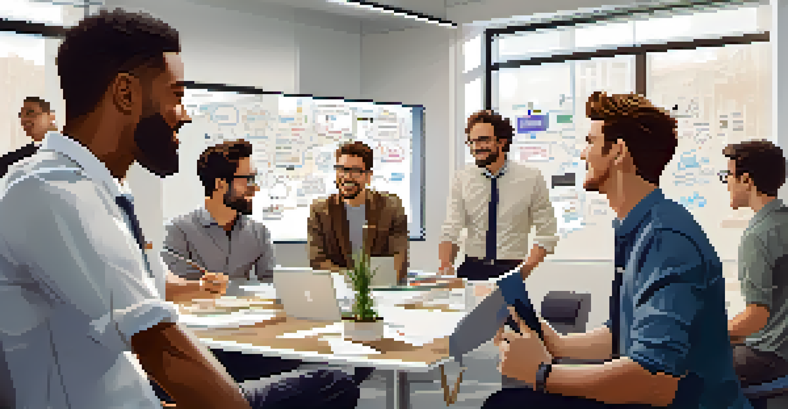 A bright office environment where young professionals are collaborating and brainstorming catchphrases on a whiteboard, surrounded by motivational posters.